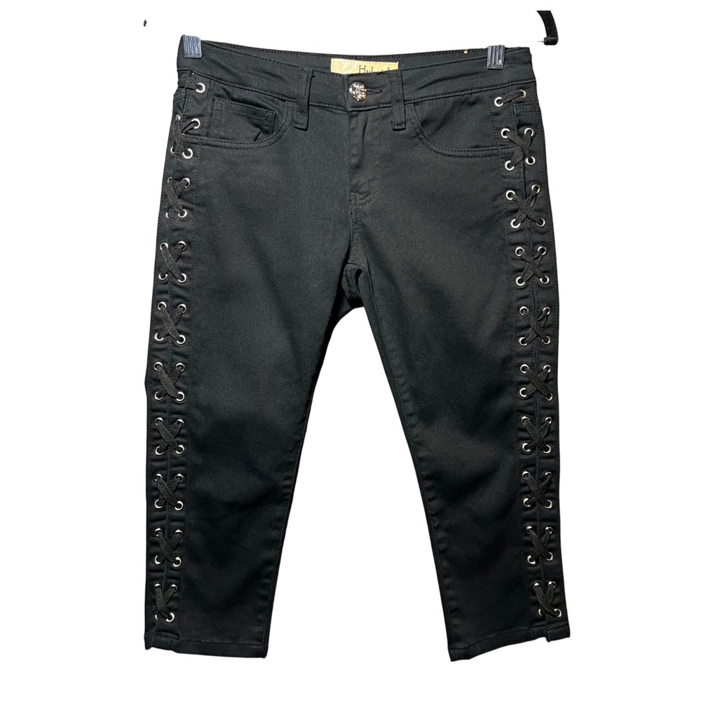 Hybrid & Company Black Lace Up Grommet Side Cropped Pants Size 3 Edgy Capris